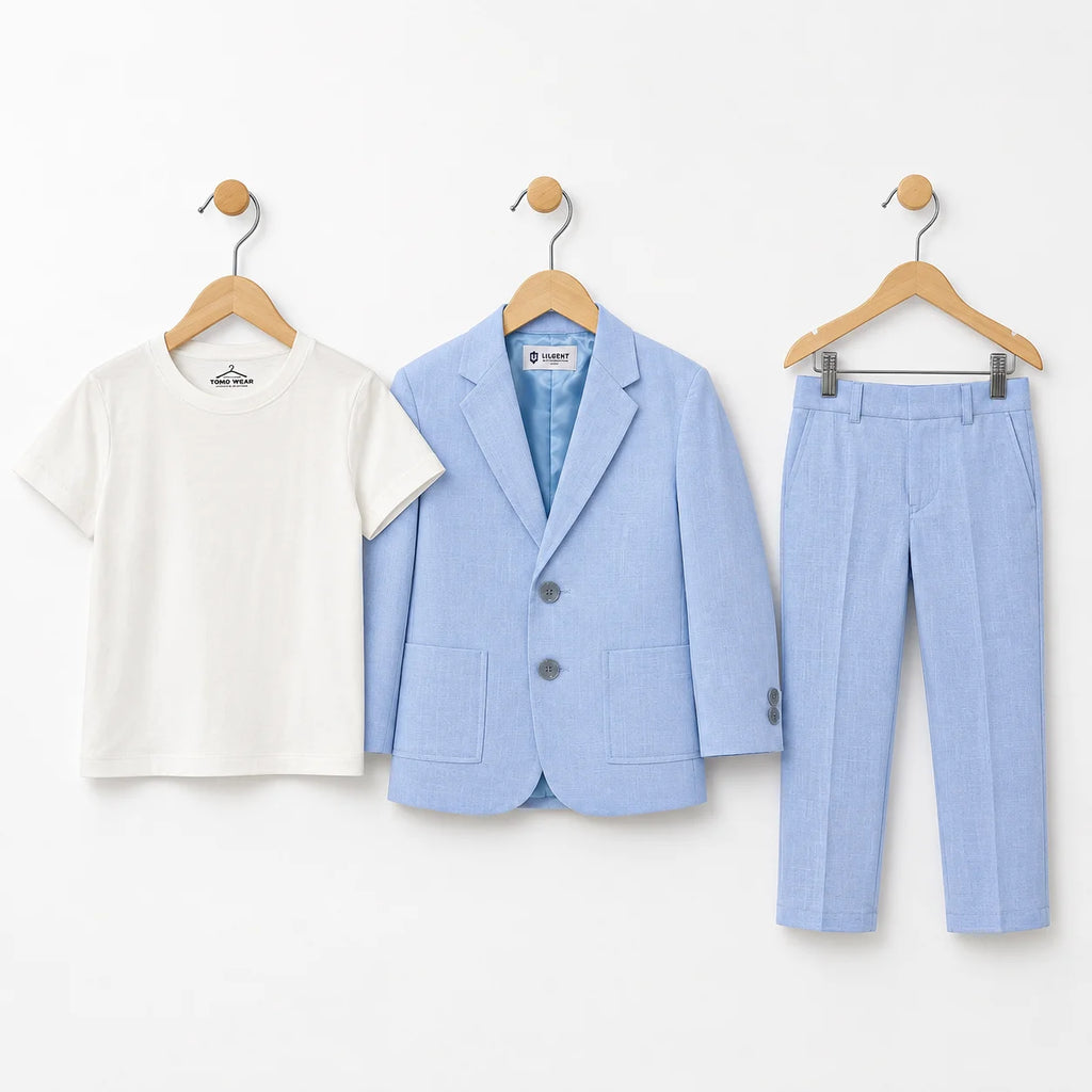 Baby Boy 3 Piece Coat Formal Blue Cotton Linen Suit