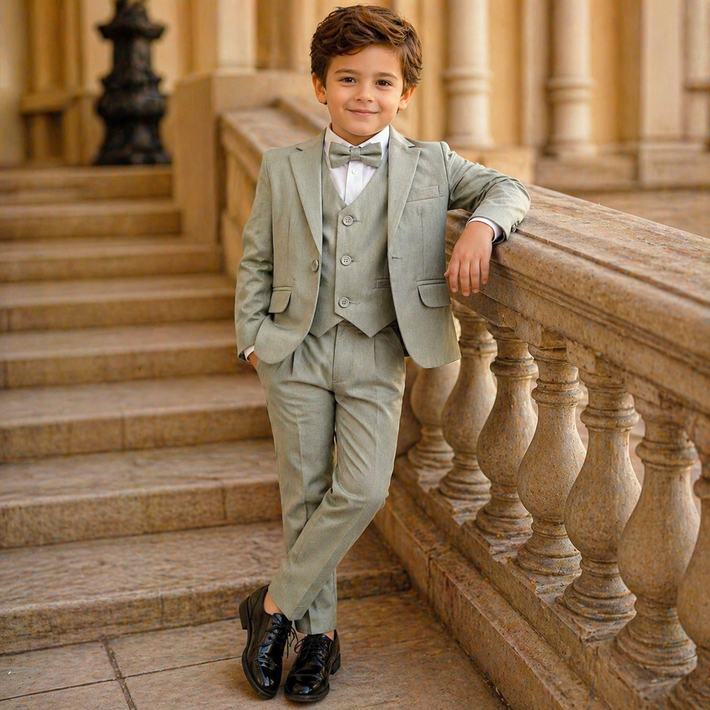 Baby Boy 4 Piece Coat Formal Suit Light Green Self