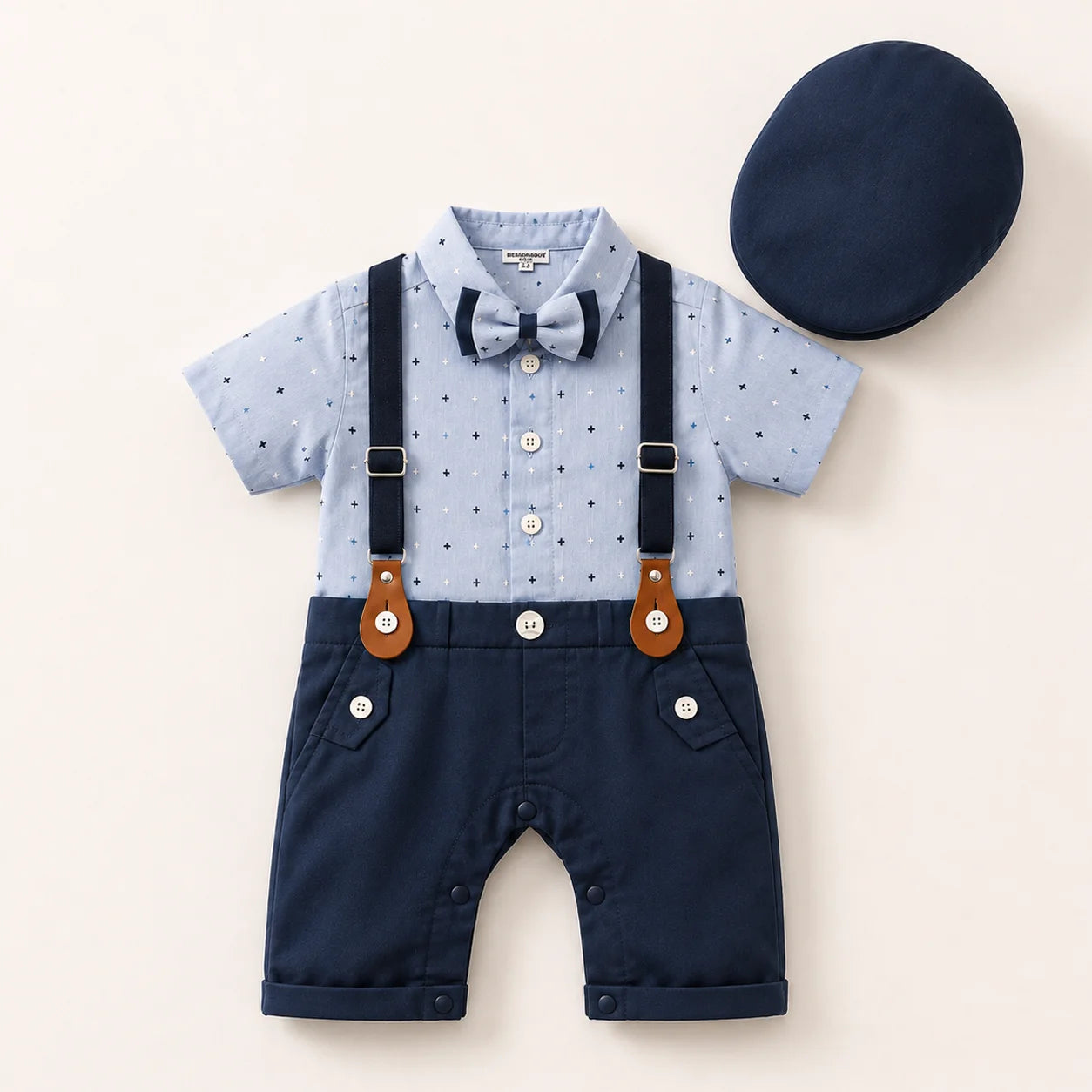 Baby Boy Navy Blue Stars Print Formal gallis Romper With cap