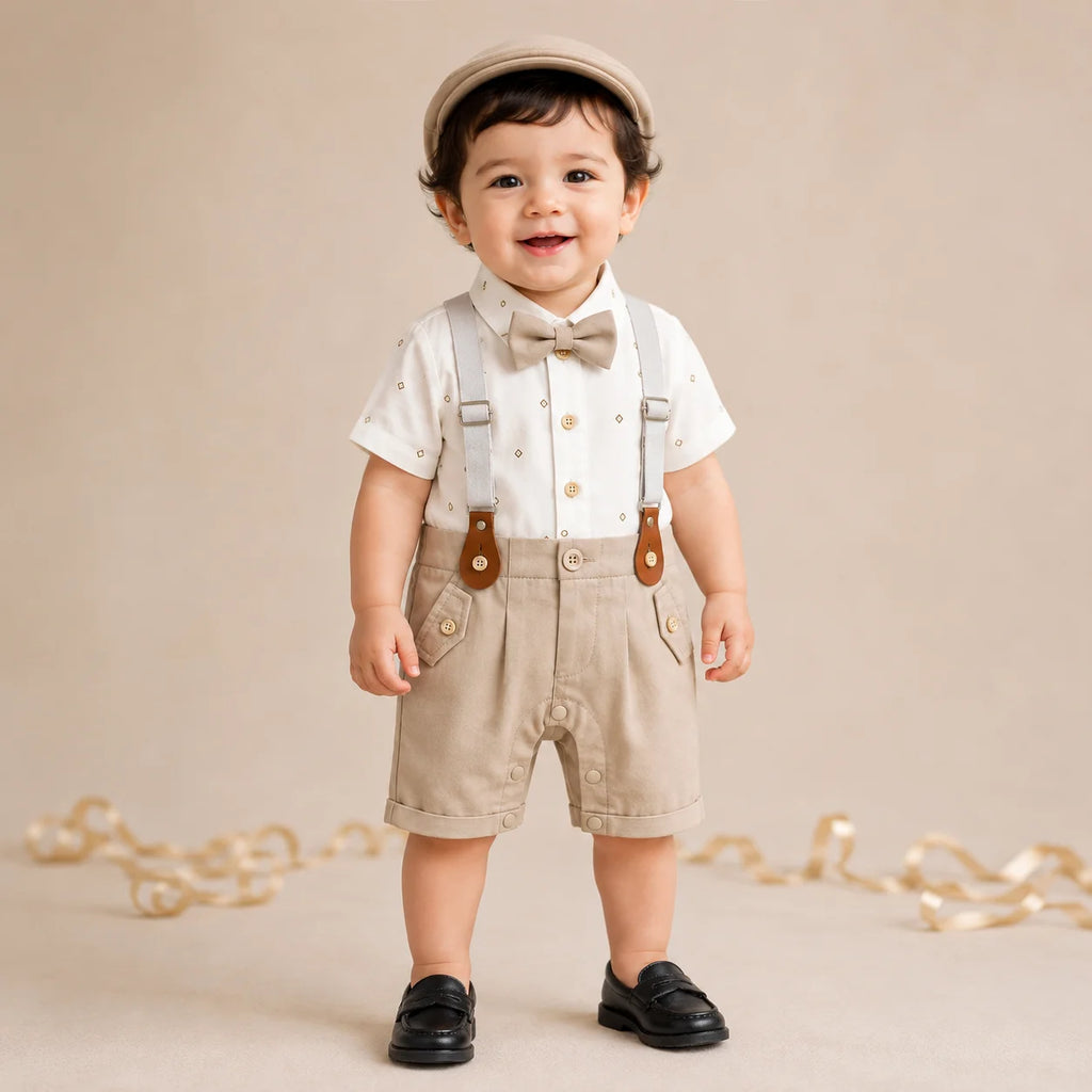 Baby Boy White patterned Print Formal gallis Romper With cap