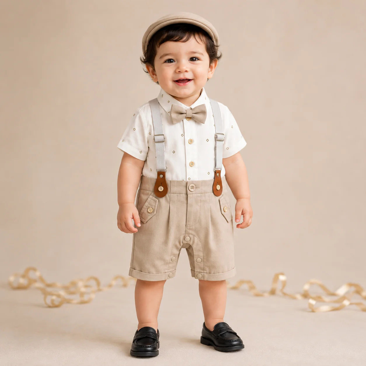 Baby Boy White patterned Print Formal gallis Romper With cap