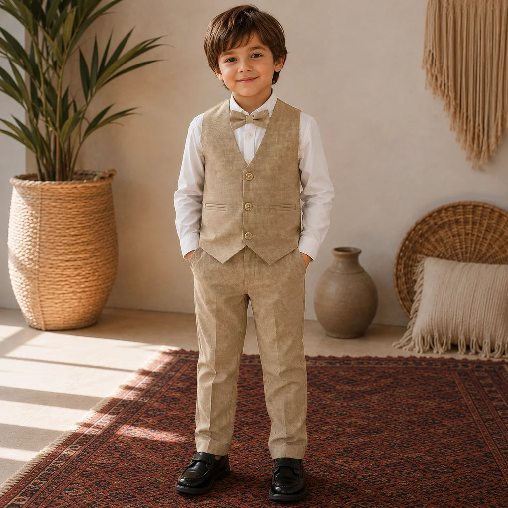 Baby Boy Fawn Self Checked Waistcoat Formal Set