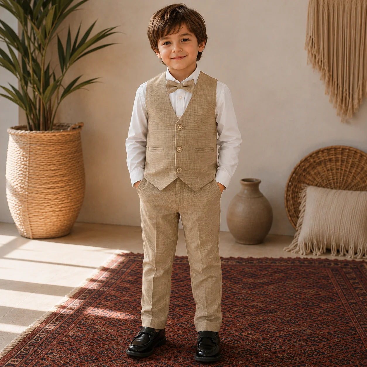 Baby Boy Fawn Self Checked Waistcoat Formal Set