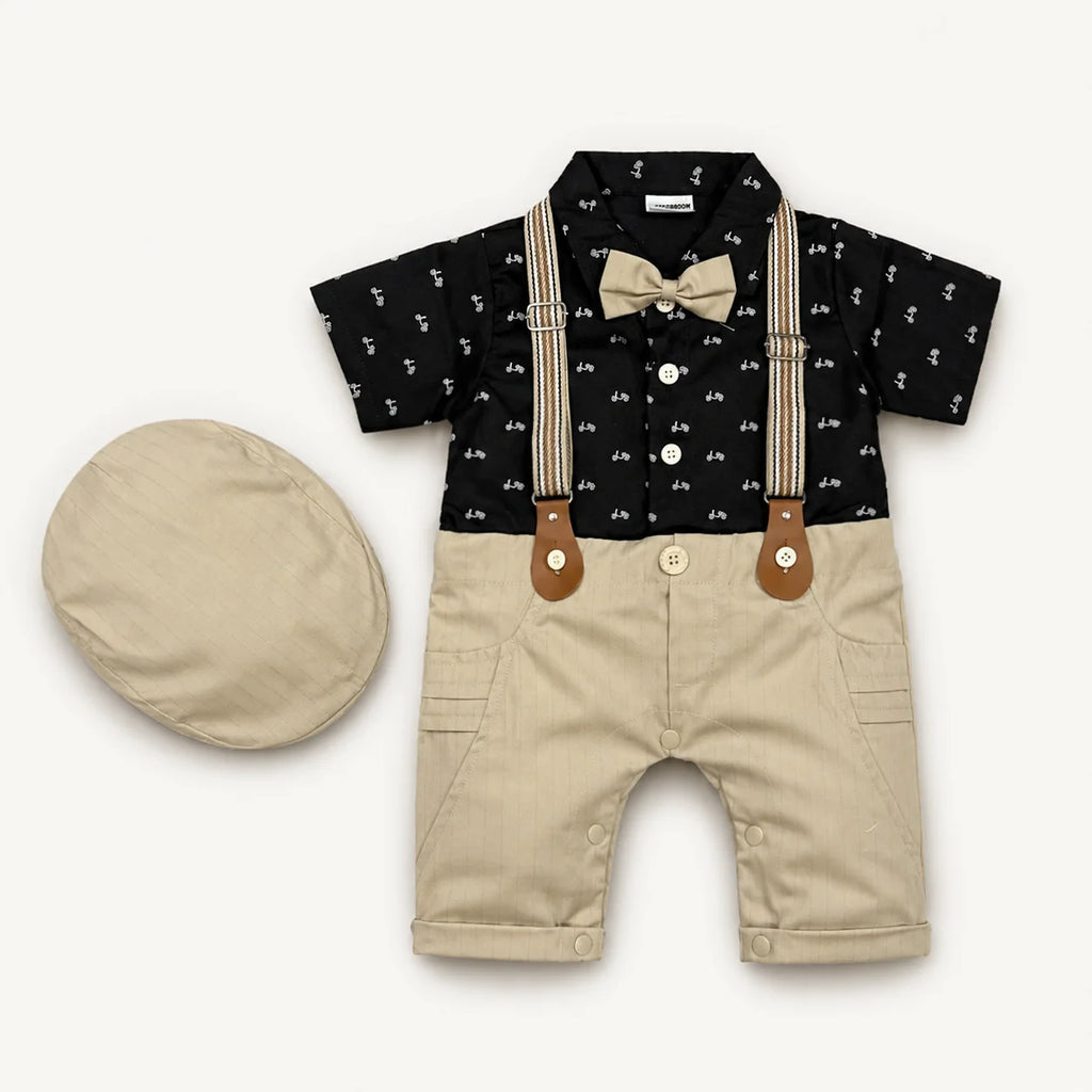 Baby Boy Black Bike Print Formal gallis Romper With cap
