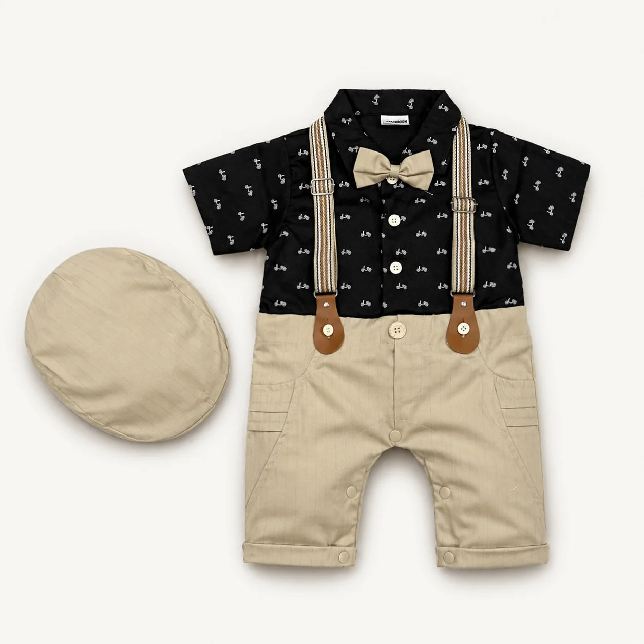 Baby Boy Black Bike Print Formal gallis Romper With cap