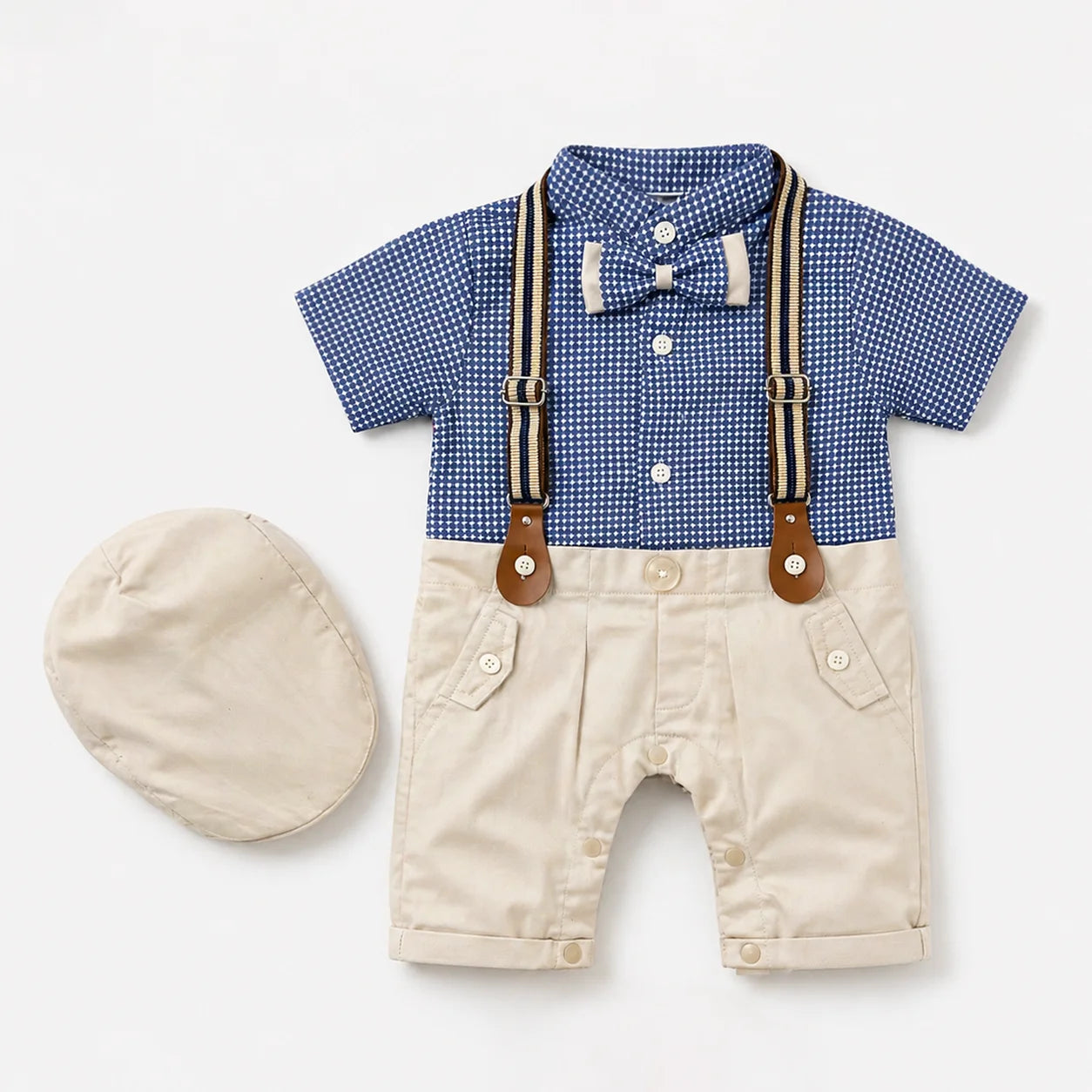 Baby Boy Polka Print Formal gallis Romper With cap