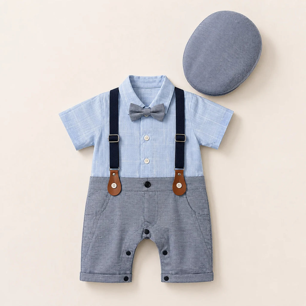 Baby Boy Sky Self / Grey Formal gallis Romper With Cap