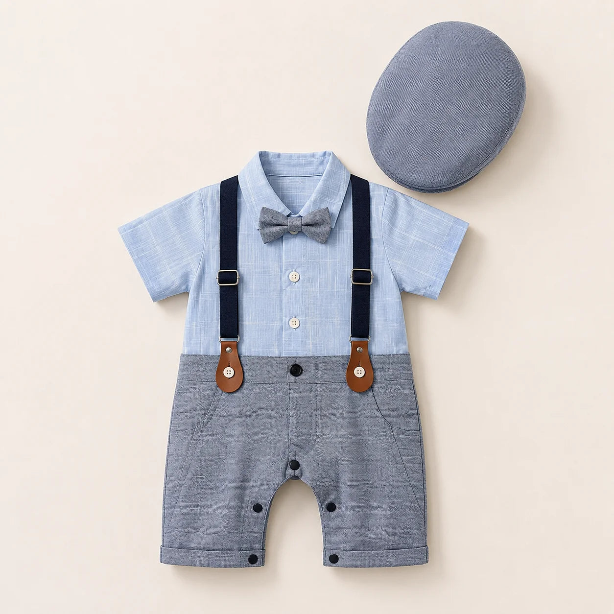 Baby Boy Sky Self / Grey Formal gallis Romper With Cap