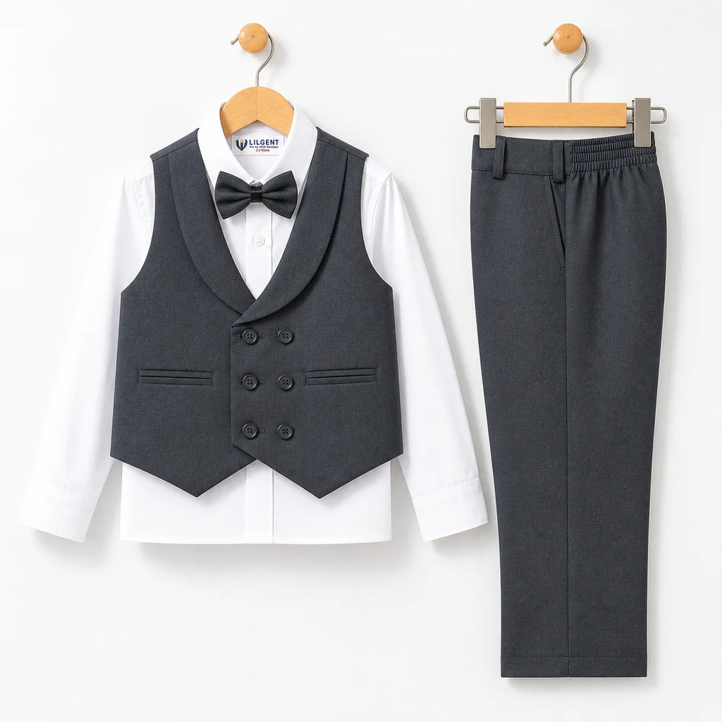 Baby Boy Medium Grey Self Six Button Waistcoat Formal Set