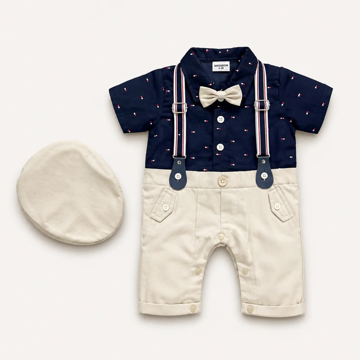 Baby Boy Navy Blue Print Formal gallis Romper With cap