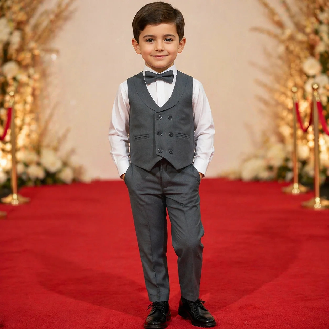 Baby Boy Medium Grey Self Six Button Waistcoat Formal Set
