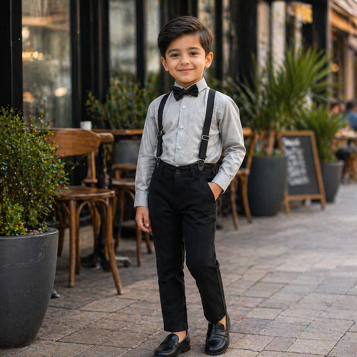 Baby Boy White Print Shirt / Black pant Formal Gallis suit
