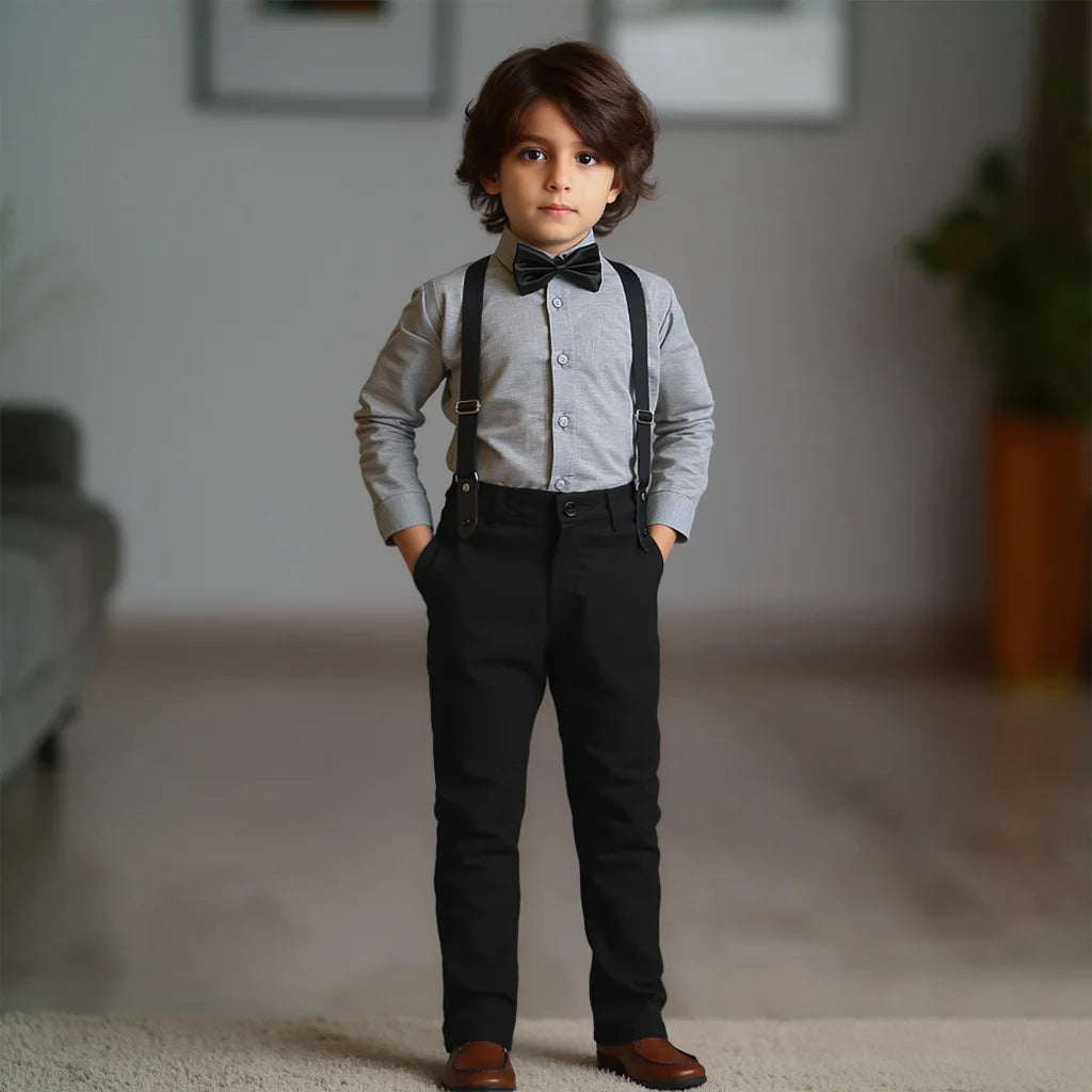 Baby Boy Light Grey Self Black pant Formal Gallis suit