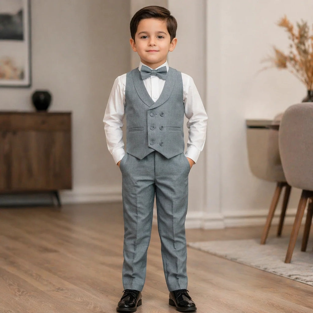 Baby Boy Light Grey Self Six button Waistcoat Formal Set
