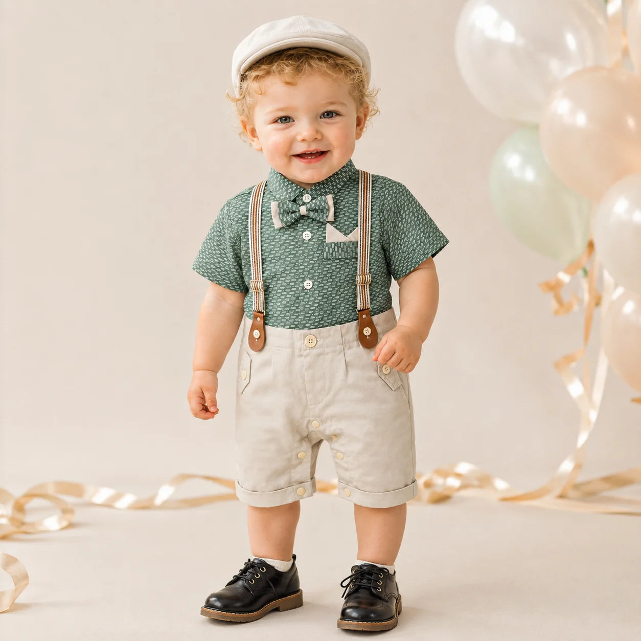 Baby Boy Green / Skin Print Formal gallis Romper With cap