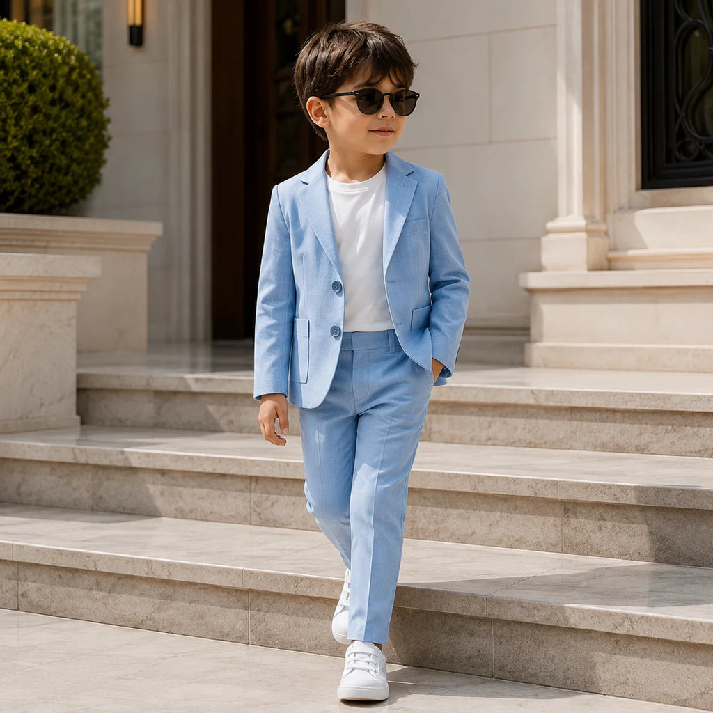 Baby Boy 3 Piece Coat Formal Blue Cotton Linen Suit