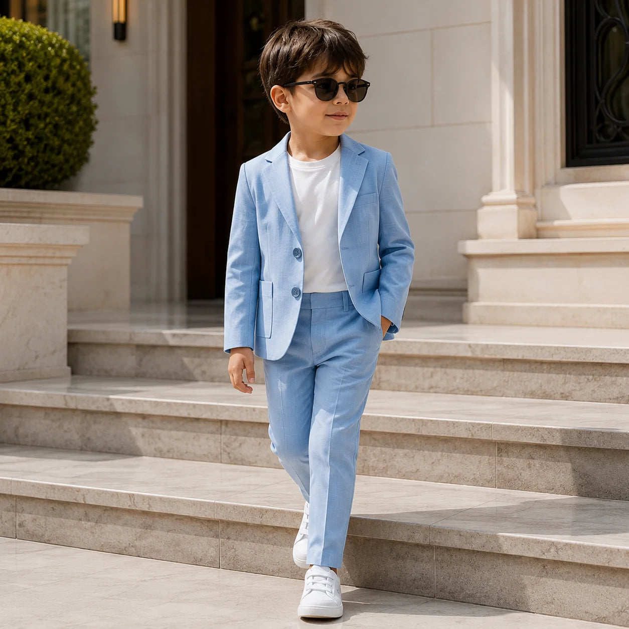 Baby Boy 3 Piece Coat Formal Blue Cotton Linen Suit