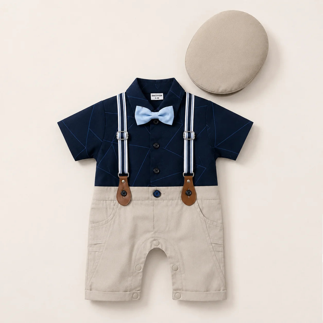Baby Boy Navy Blue / Skin Formal gallis Romper With Cap