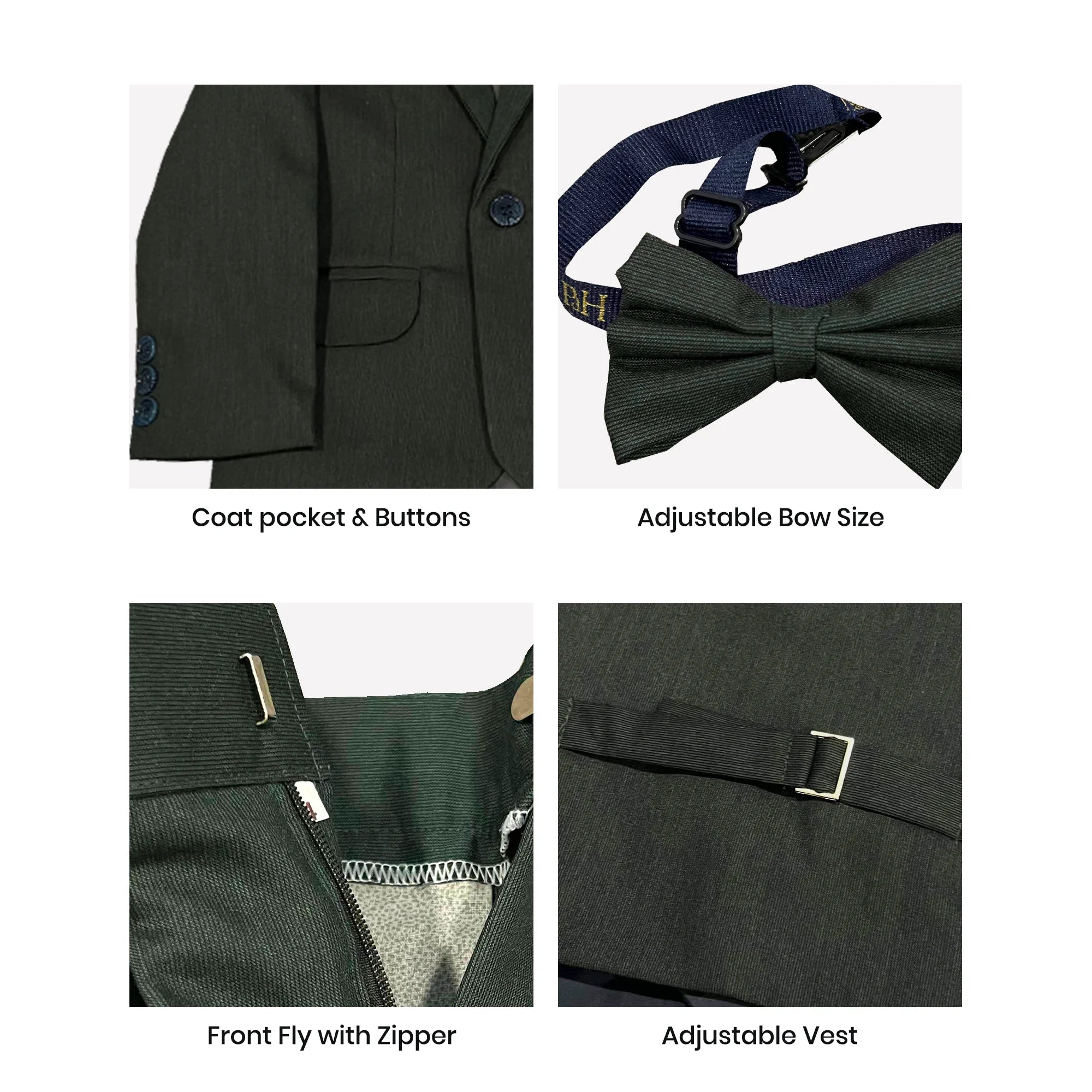 Baby Boy 4 Piece Coat Formal Suit Dark Green Self
