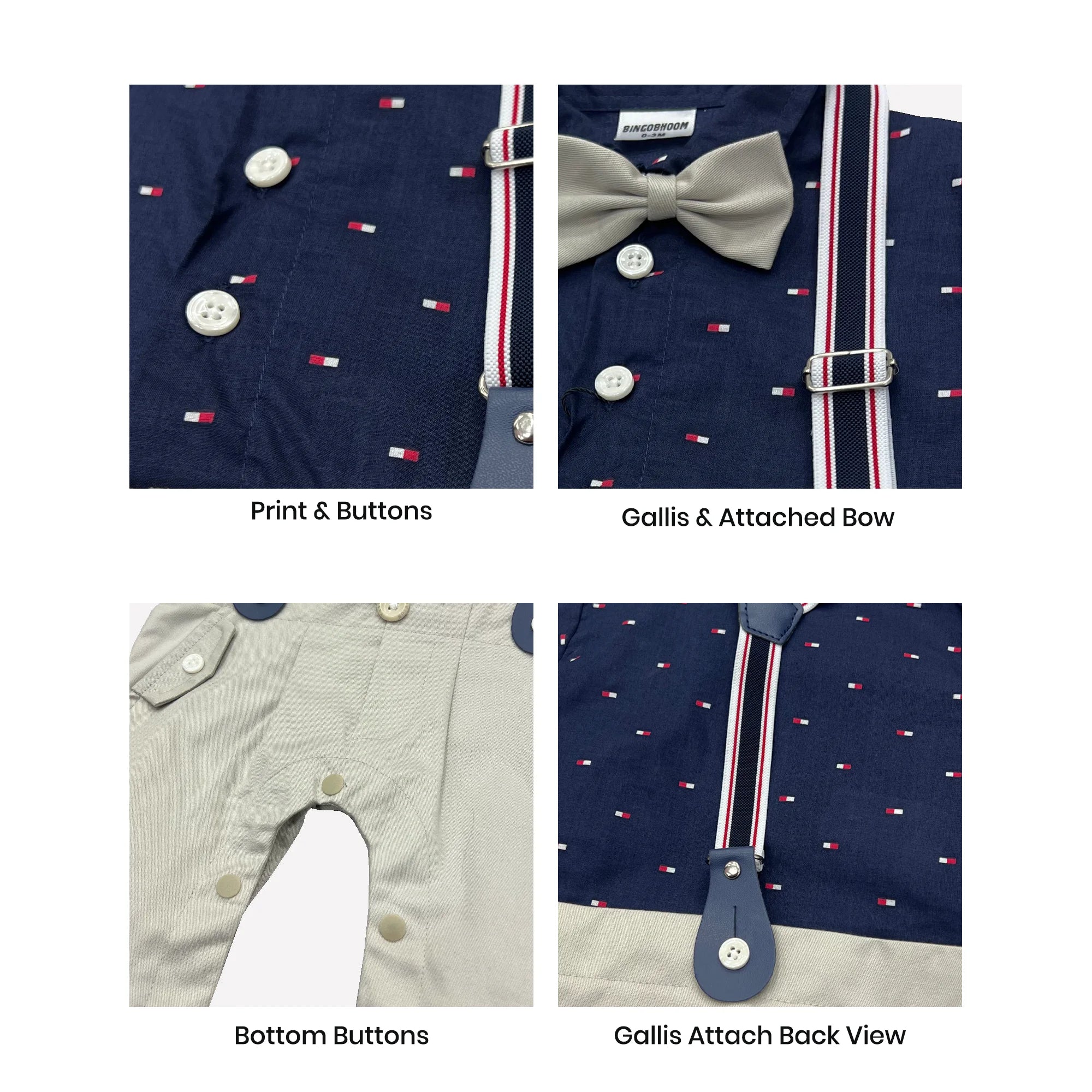 Baby Boy Navy Blue Print Formal gallis Romper With cap