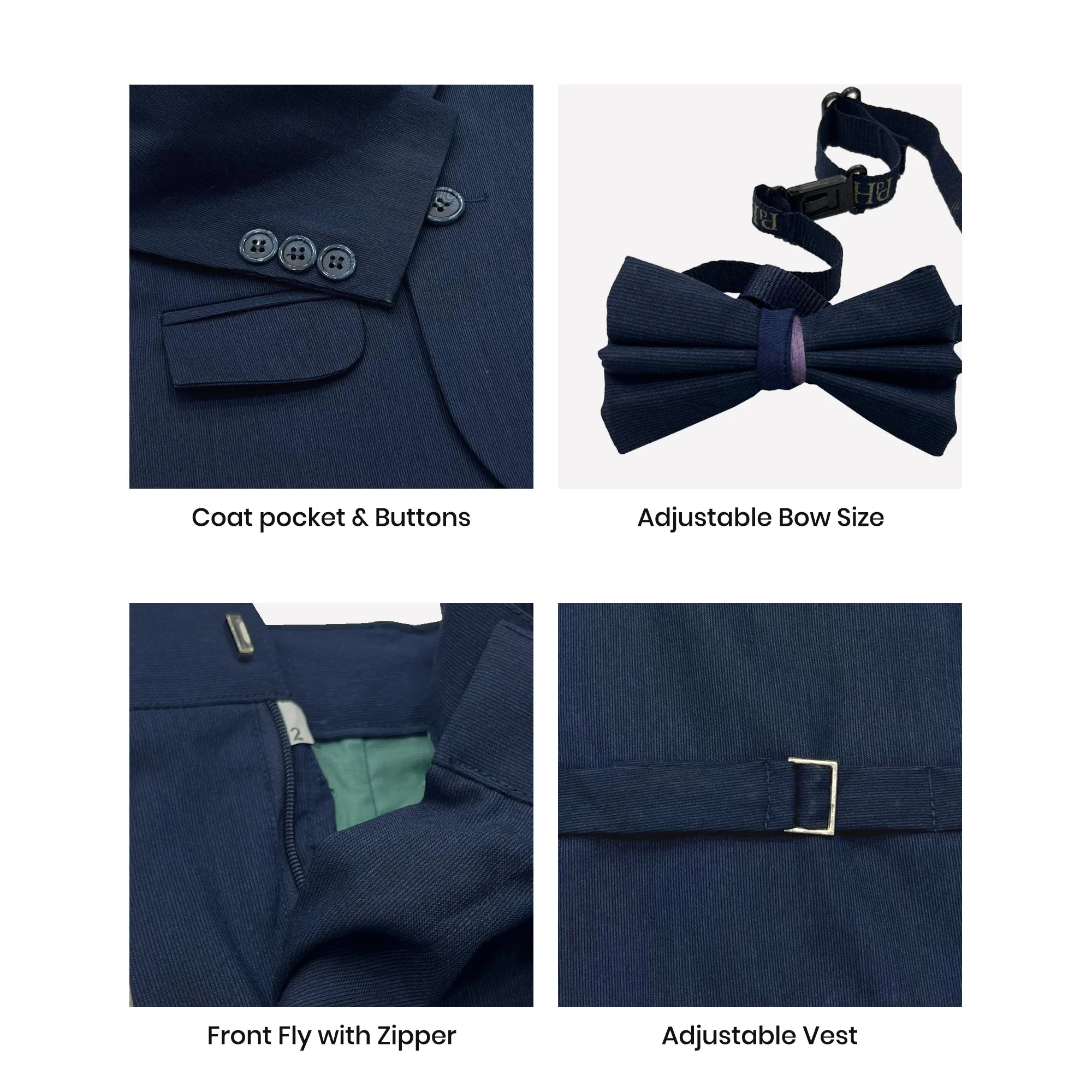 Baby Boy 4 Piece Coat Formal Suit Plain Navy Blue Self