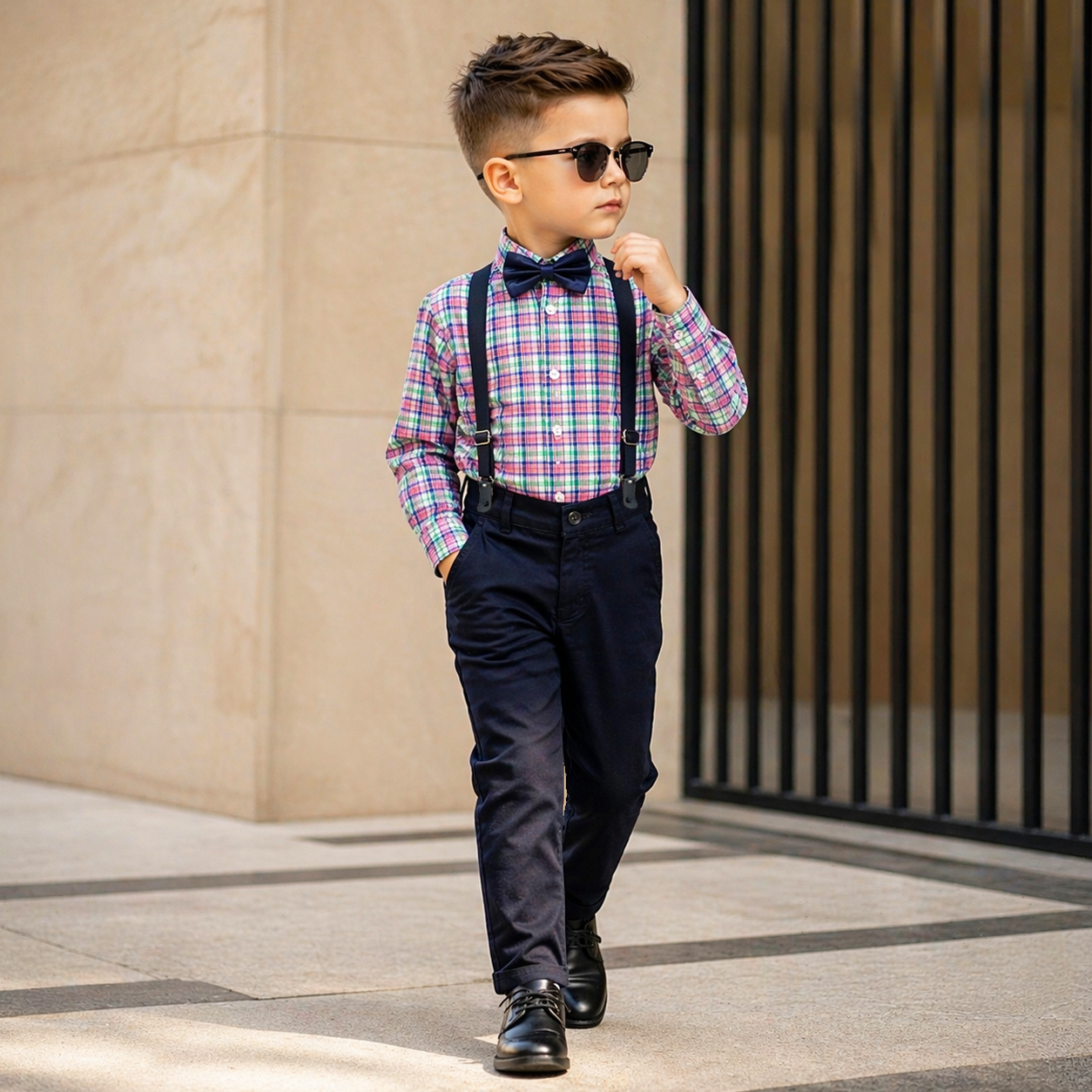 Baby Boy Green Multi Checked / Blue pant Formal Gallis suit