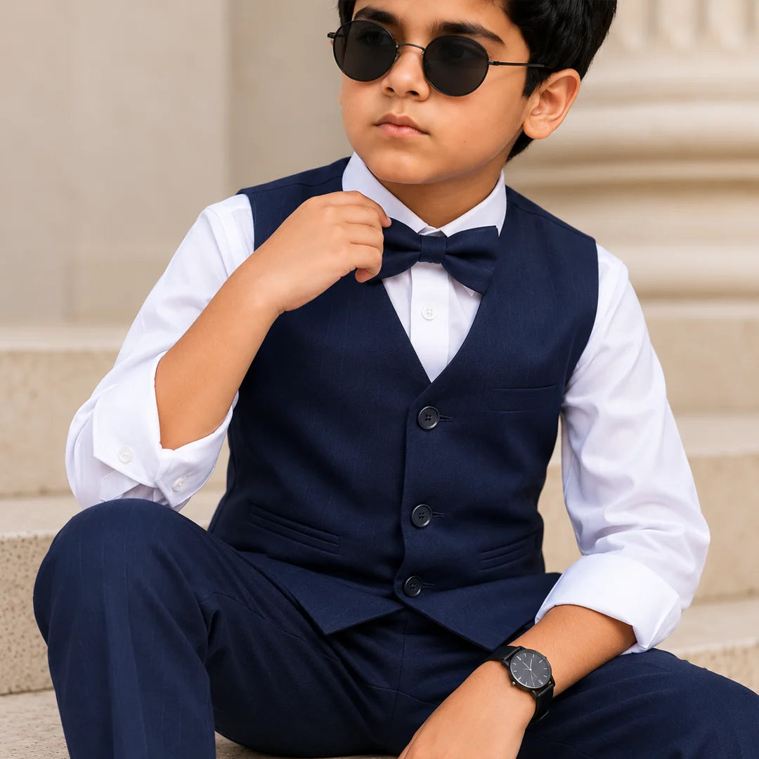 Baby Boy sharp navy blue waistcoat formal set paired with a white dress shirt bow tie