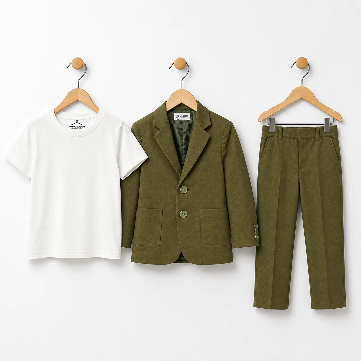 Baby Boy 3 Piece Coat Formal Olive Green Cotton Linen Suit