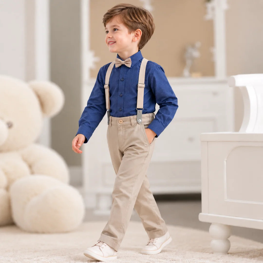 Baby Boys Navy Blue Shirt & Beige Trouser Suspender Formal Set with Bow Tie