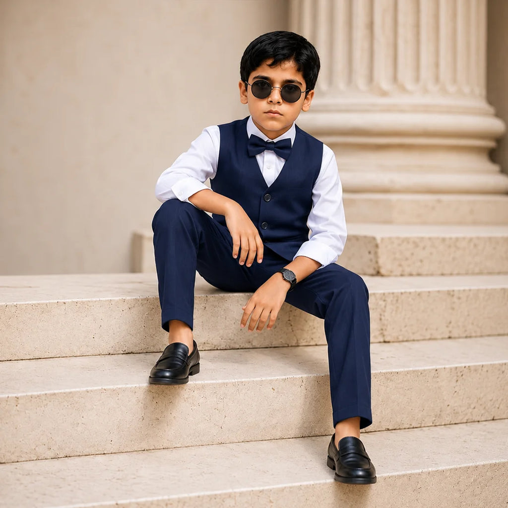 Baby Boy sharp navy blue waistcoat formal set paired with a white dress shirt bow tie