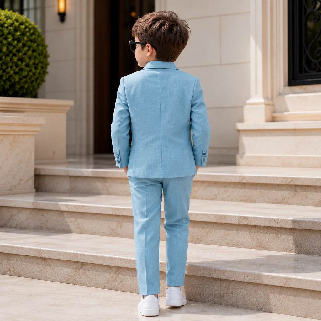 Powder Blue Baby Boy 3 Piece Cotton Linen Formal Suit with White T-shirt