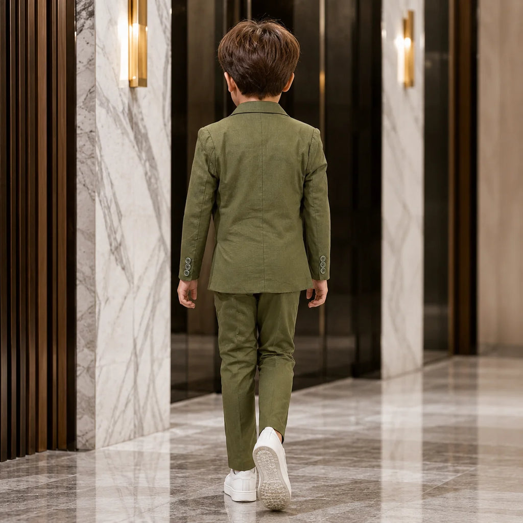 Baby Boy 3 Piece Coat Formal Olive Green Cotton Linen Suit