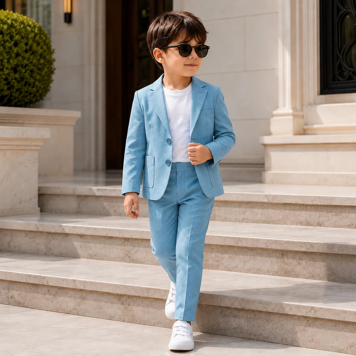 Powder Blue Baby Boy 3 Piece Cotton Linen Formal Suit with White T-shirt