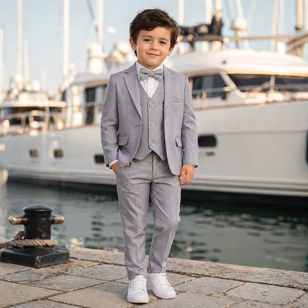 Baby Boy 4 Piece Coat Formal Suit Grey Self