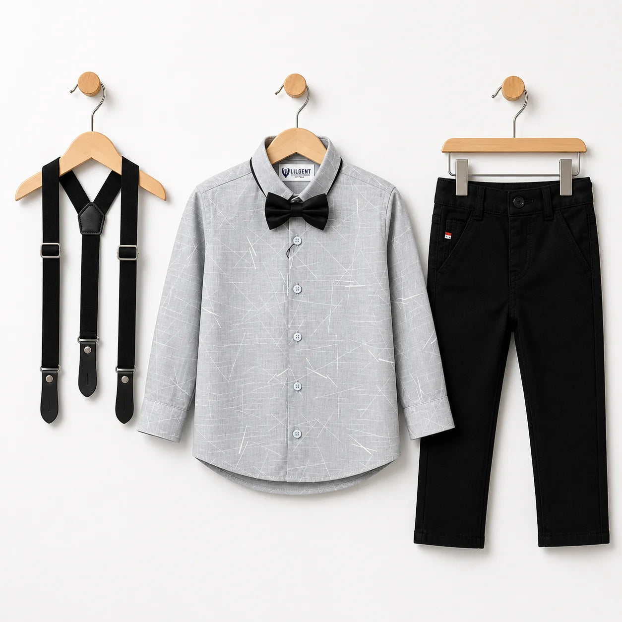 Baby Boy White Print Shirt / Black pant Formal Gallis suit
