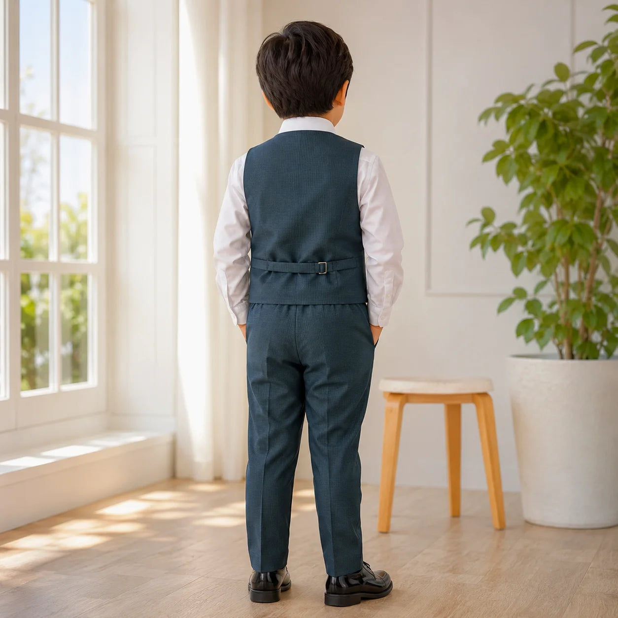 Baby Boy Blue / Green Micro Checked Waistcoat Formal Set