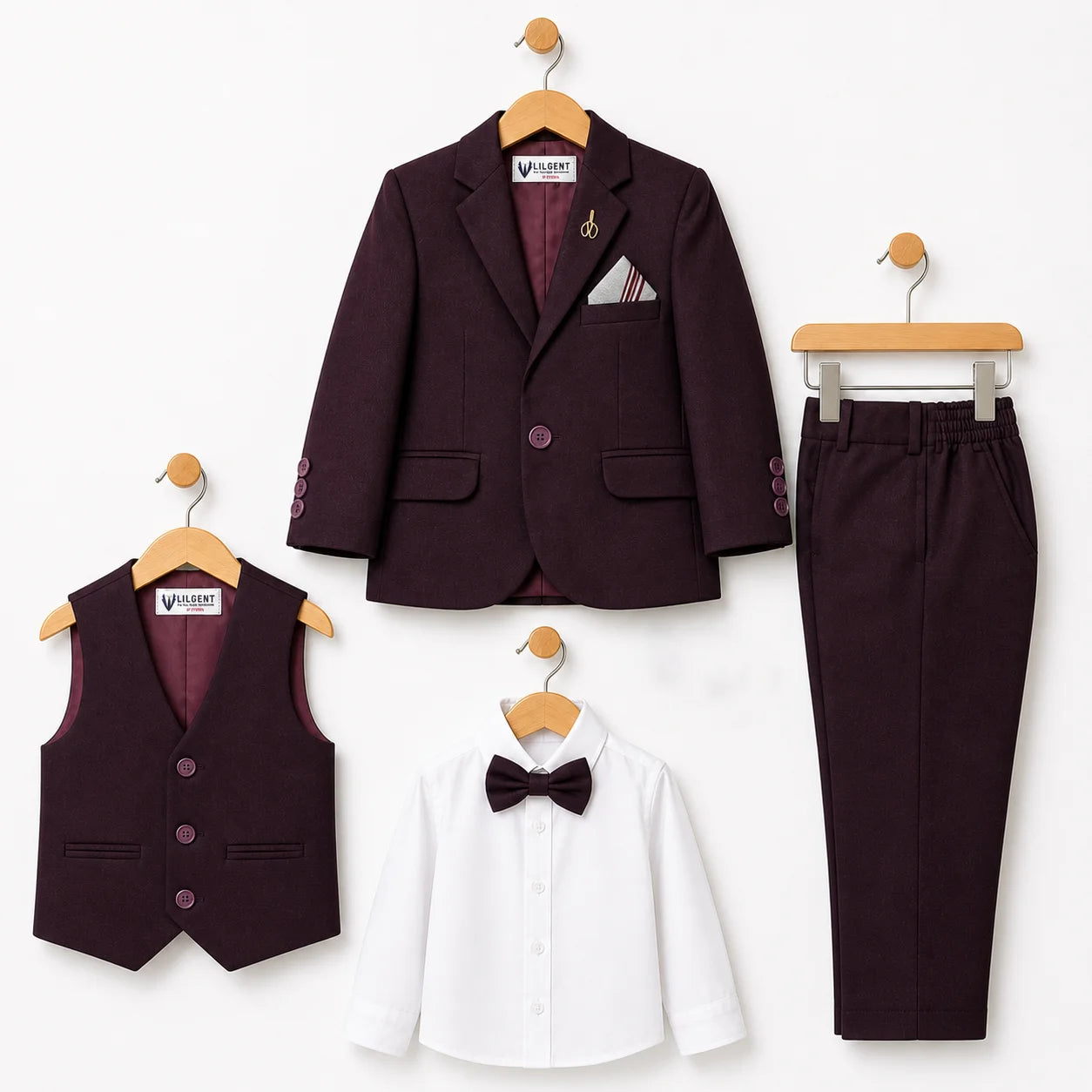 Baby Boy 4 Piece Coat Formal Suit Maroon Self