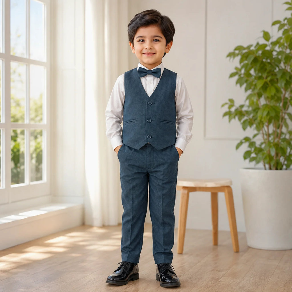 Baby Boy Blue / Green Micro Checked Waistcoat Formal Set