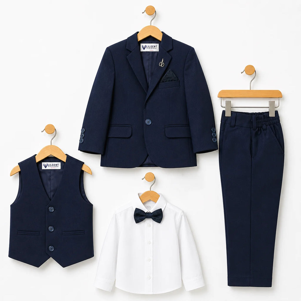 Baby Boy 4 Piece Coat Formal Suit Plain Navy Blue Self