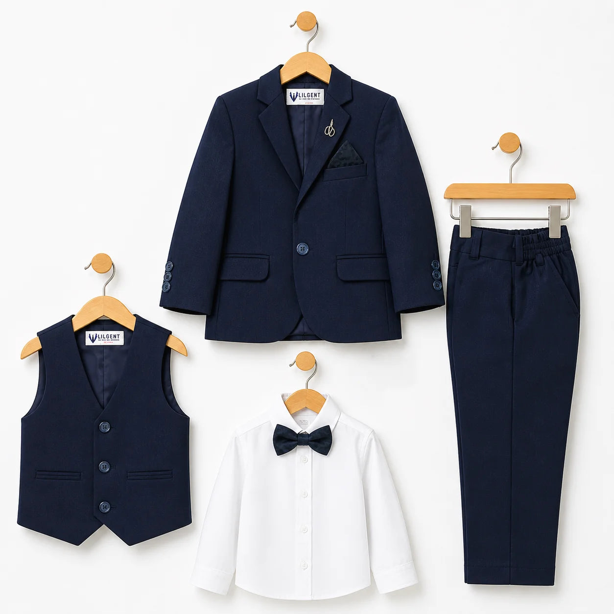 Baby Boy 4 Piece Coat Formal Suit Plain Navy Blue Self