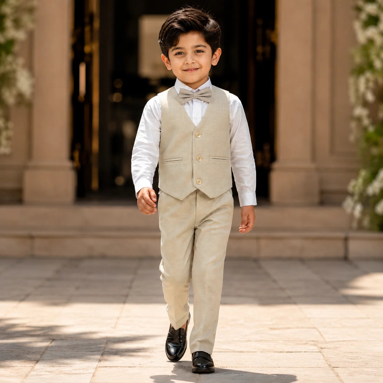Baby Boy beige Self Waistcoat Formal Set