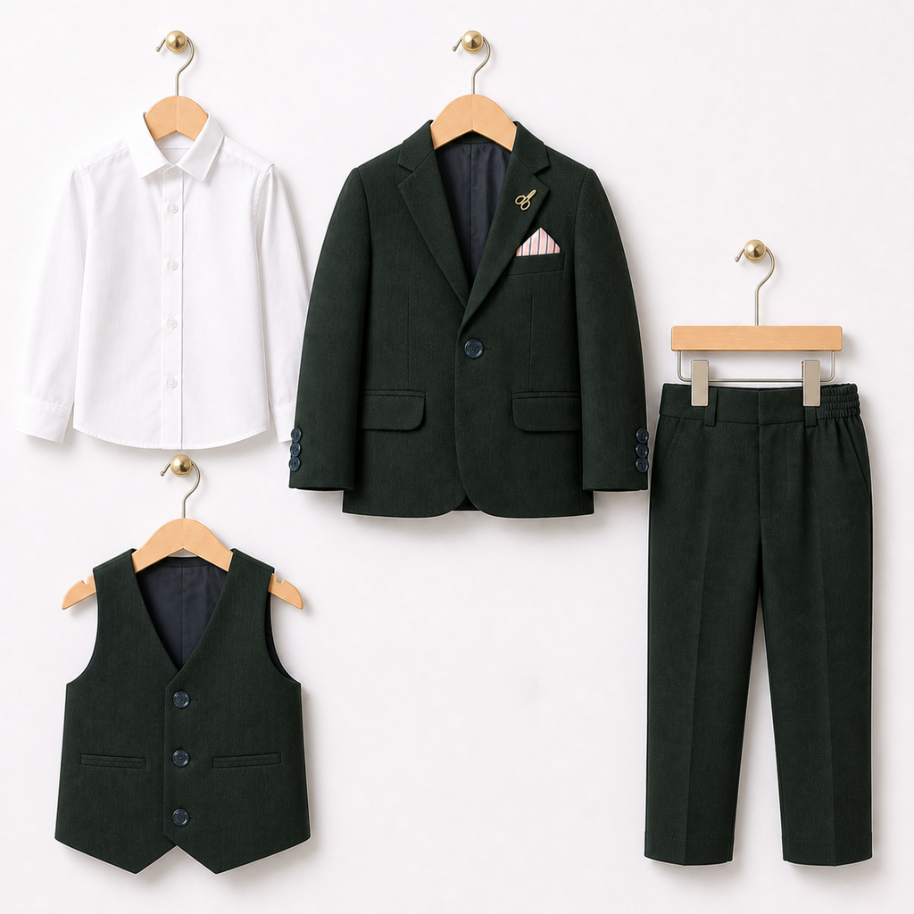 Baby Boy 4 Piece Coat Formal Suit Dark Green Self