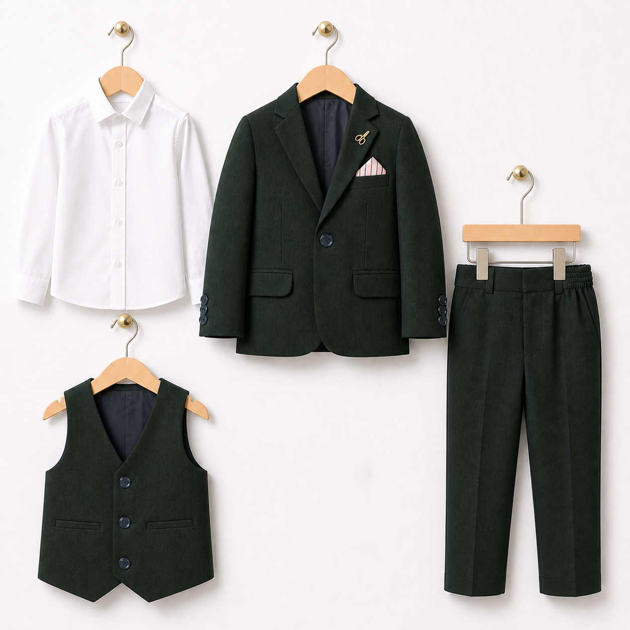 Baby Boy 4 Piece Coat Formal Suit Dark Green Self