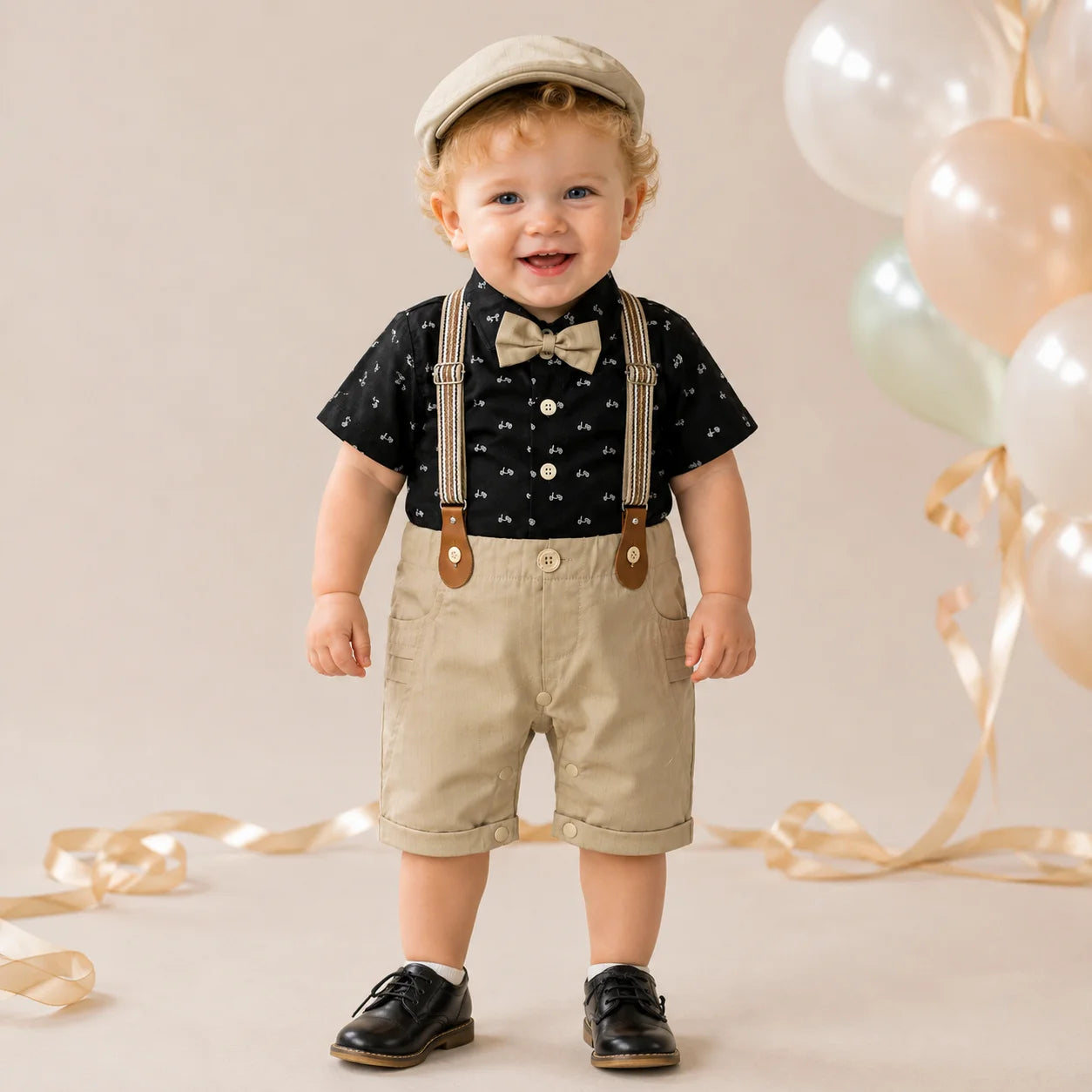 Baby Boy Black Bike Print Formal gallis Romper With cap