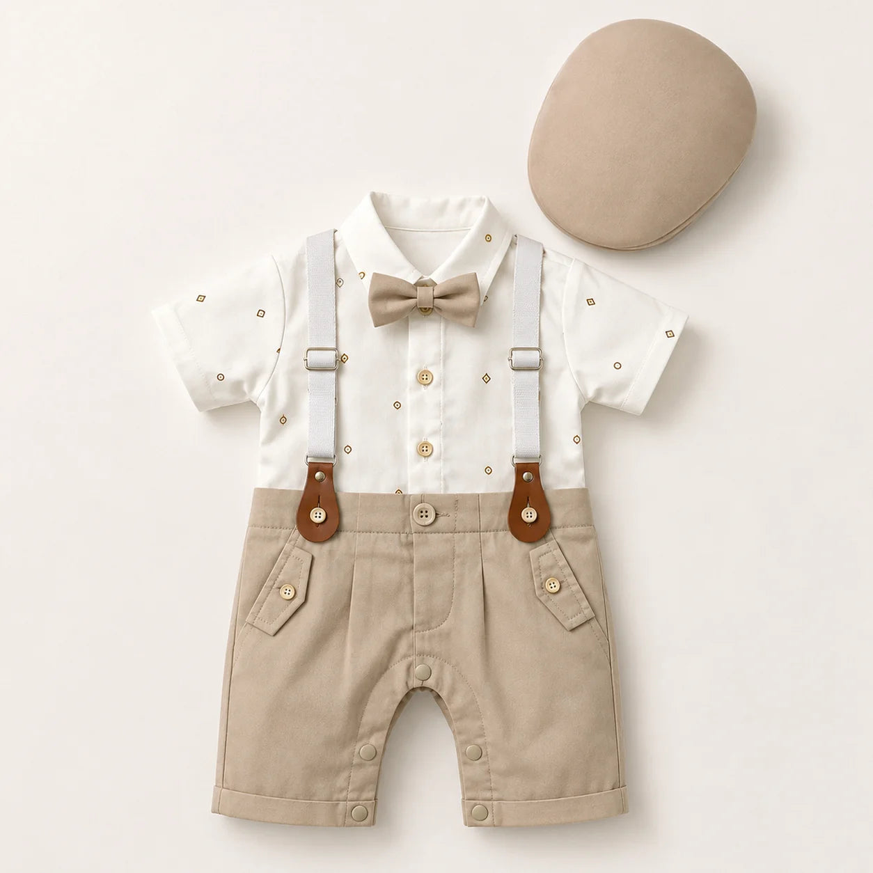 Baby Boy White patterned Print Formal gallis Romper With cap