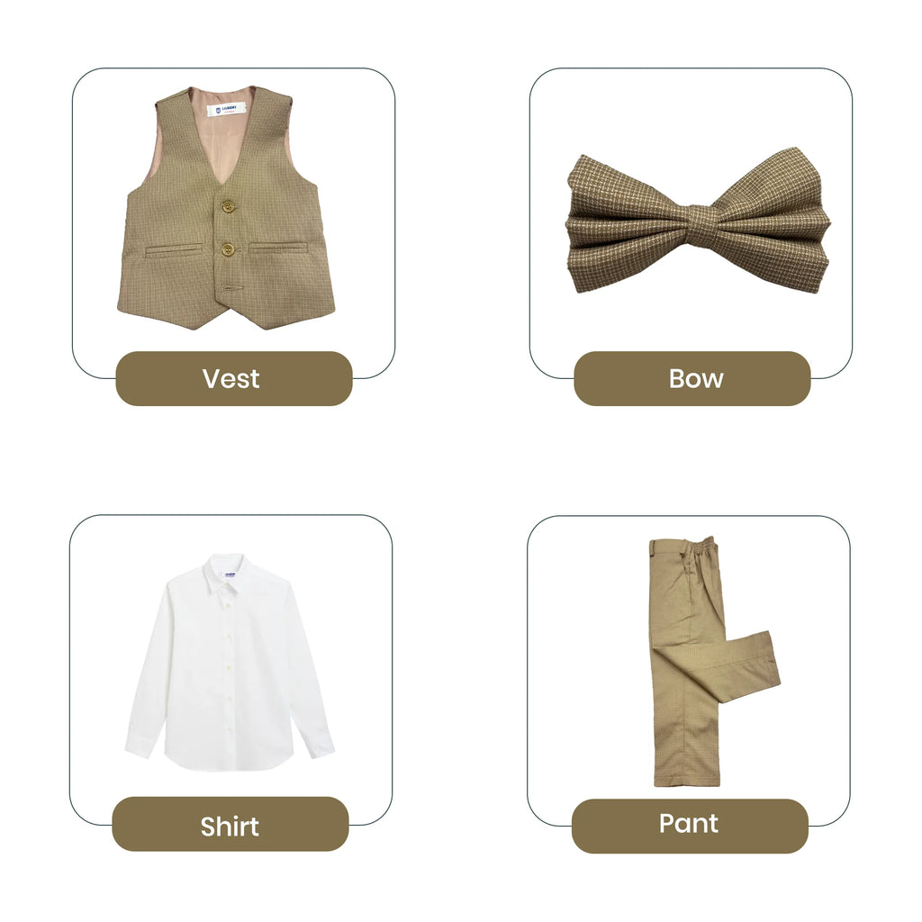 Baby Boy Fawn Self Checked Waistcoat Formal Set