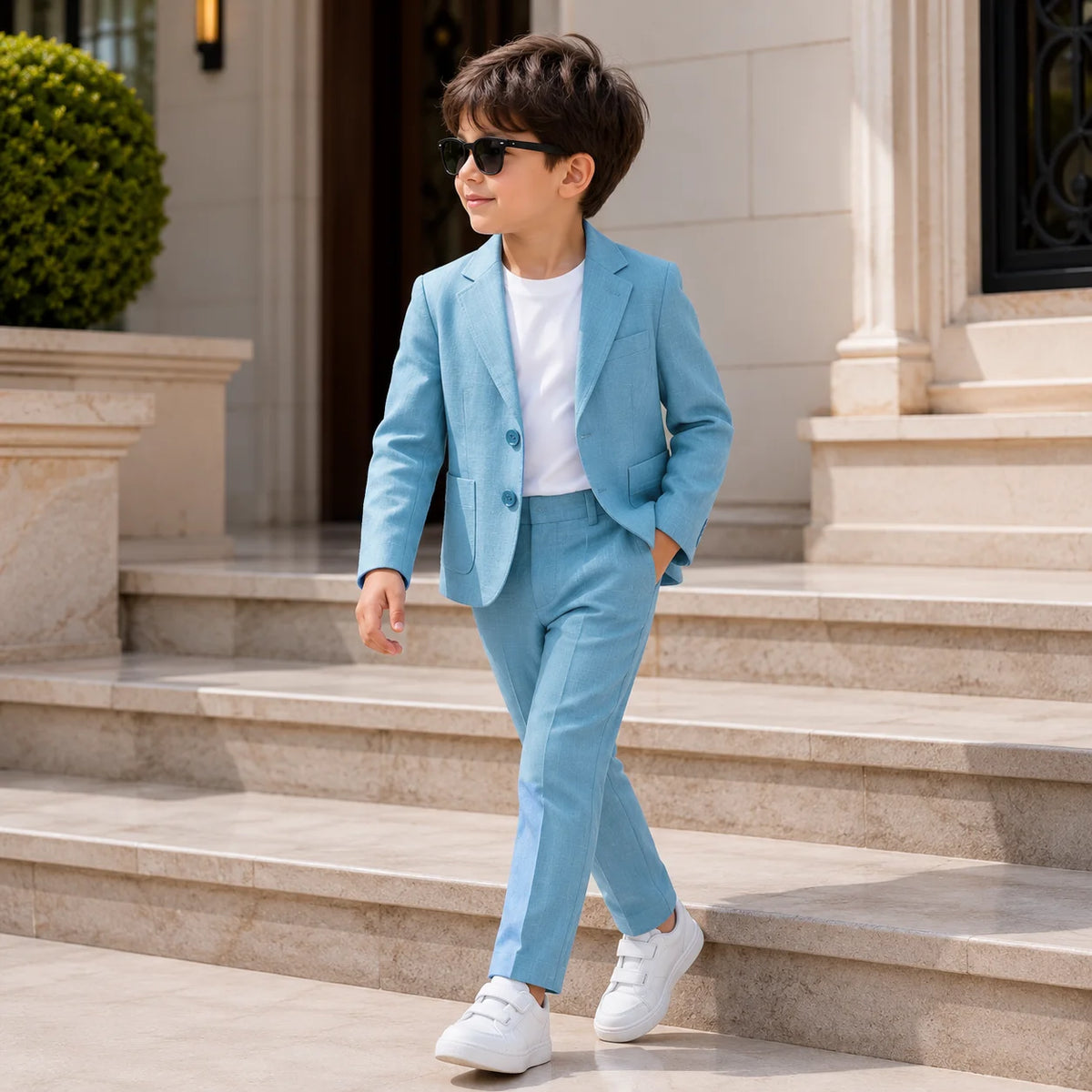 Powder Blue Baby Boy 3 Piece Cotton Linen Formal Suit with White T-shirt