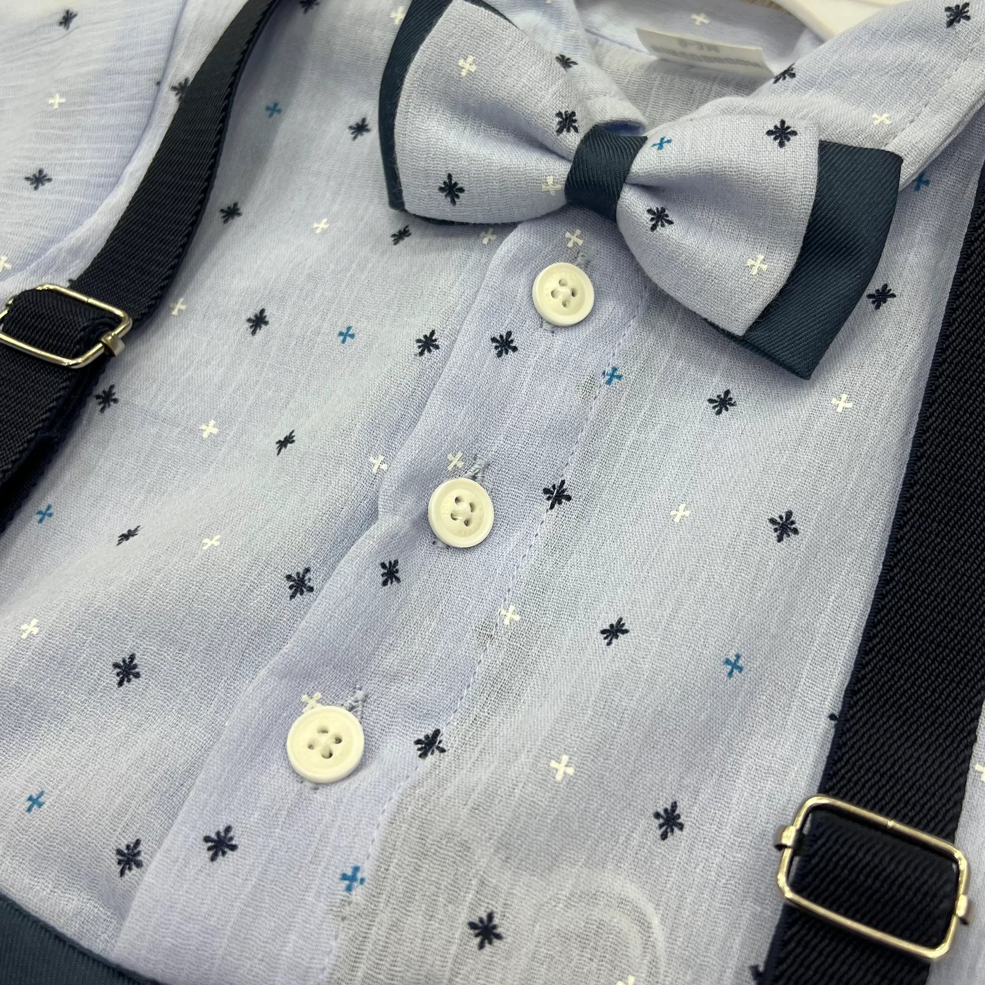 Baby Boy Navy Blue Stars Print Formal gallis Romper With cap