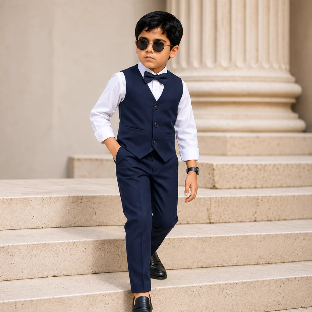 Baby Boy sharp navy blue waistcoat formal set paired with a white dress shirt bow tie