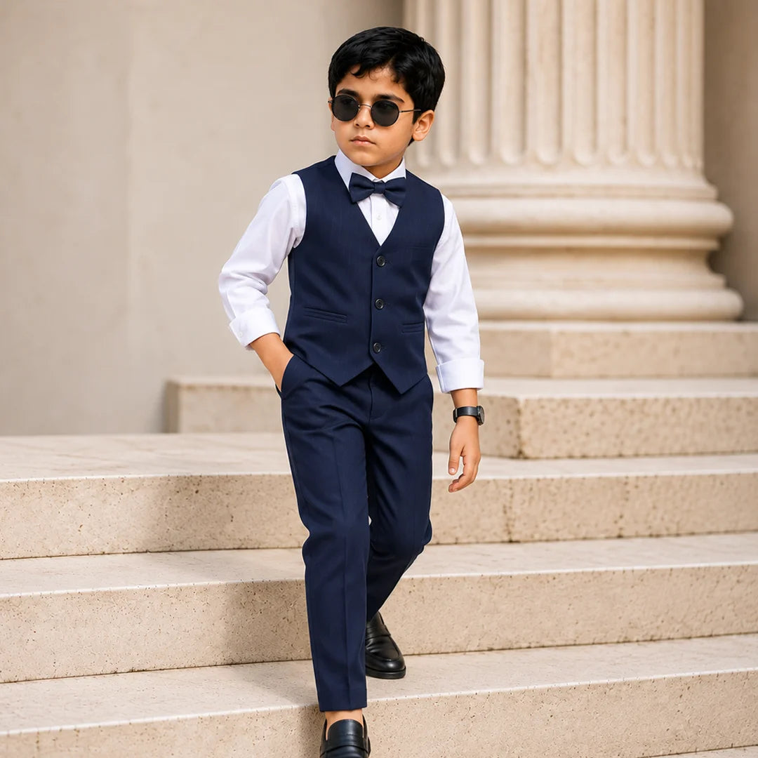 Baby Boy sharp navy blue waistcoat formal set paired with a white dress shirt bow tie